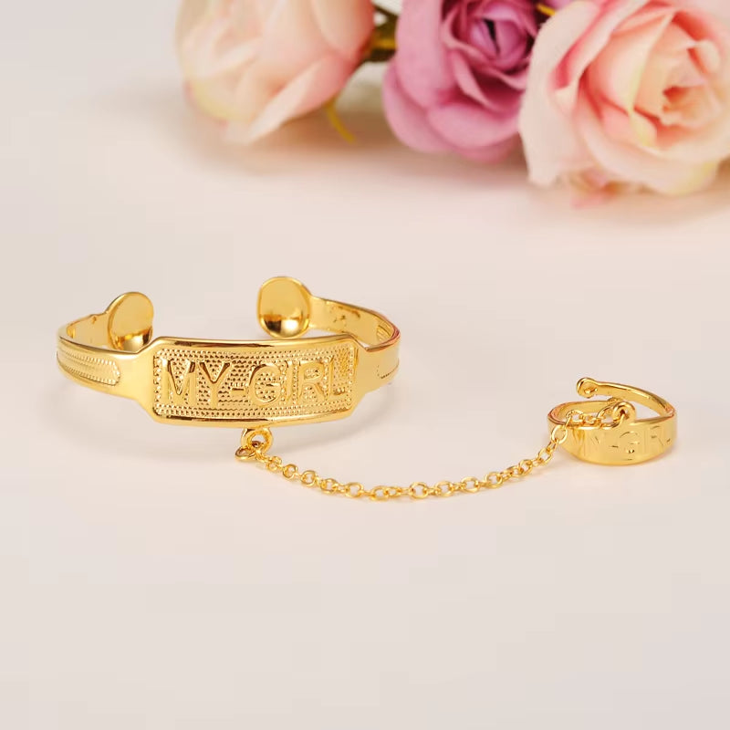 Dubai Gold Stamp Baby SMALL Girl Bangle Child Bracelet with Ring for Kids African Children Bairn Jewelry Baby Mideast Arab Gift