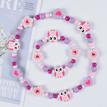 New Cute Cartoon Wooden Flower Animal Child Sweater Necklace Bracelet Girls Gifts Children Jewelry for Party Birthday Gifts