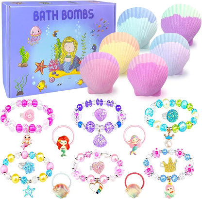 Mermaid Bath Bombs for Kids with Surprise Inside, 6 Pcs Shell Bubble Kids Bath Bombs Kit with Mermaid Toys, Birthday Christmas Jewelry Gifts for Girls Easter Basket Stuffer