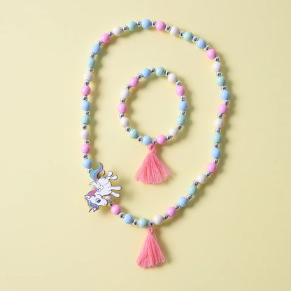 2Pcs/Set Fashion Natural Wood Beads Jewelry Cute Animal Pattern Necklace Bracelet for Party Jewelry Girl Birthday Gift