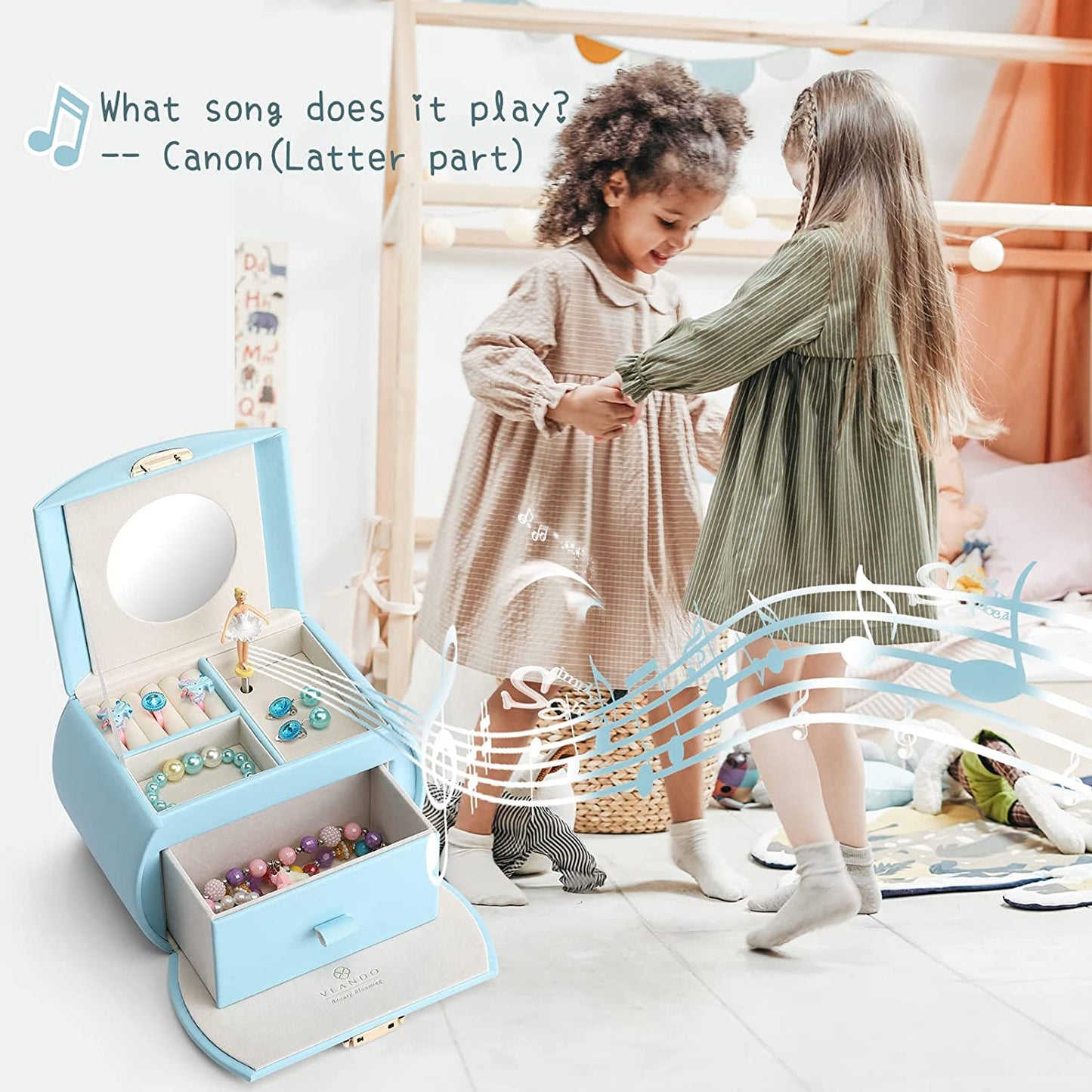 Kids Musical Jewelry Box for Girls with Drawer, Music Box with Ballerina and Stickers for Birthday Bedroom Decor, Gifts for Girls Kids Christmas Thanksgiving Gifts 2023 - Blue