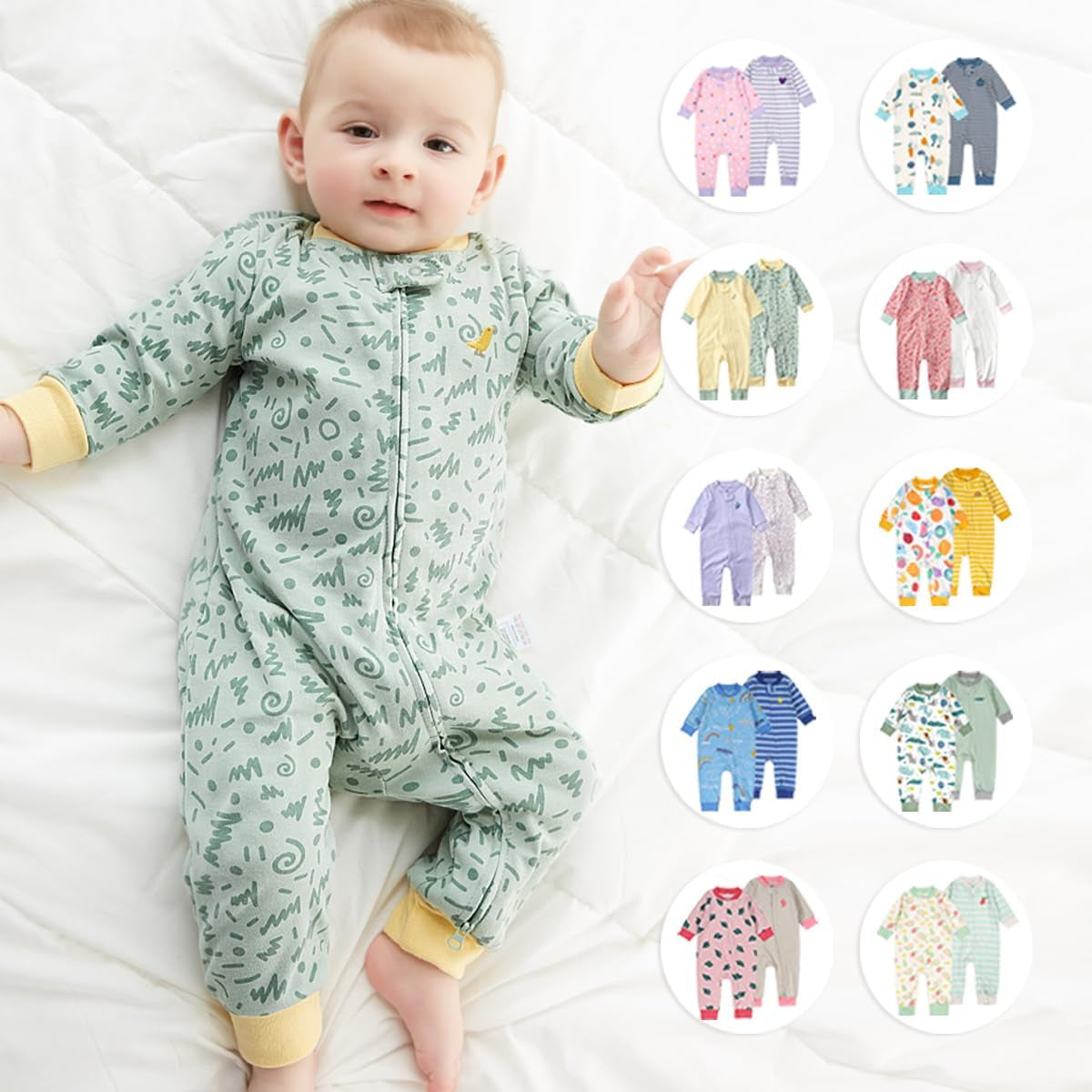 Baby 2-Pack 100% Cotton Romper Jumpsuits Two Way Zipper Long Sleeve Footless Sleep and Play