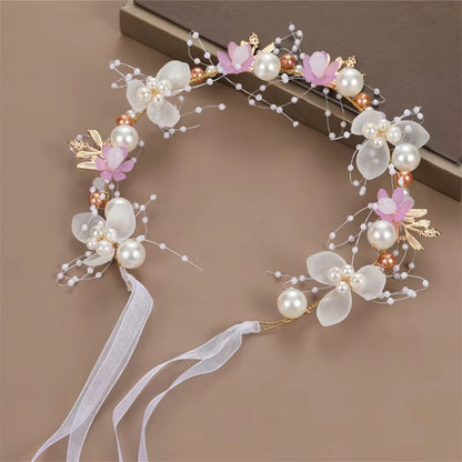 Spring Bohemian Girls Bridal Pearl Hair Headdress Flower Wreath Bride Garland Head Hoop Headbands Hair Jewelry Children Gifts