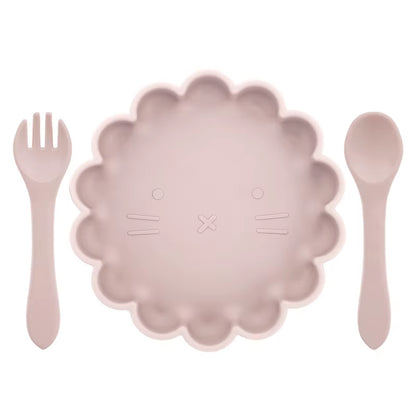 3Pcs Baby Plate Spoon Fork Feeding Food Tableware Set Feeding Bowl Food Grade Silicone Non-Slip Flower Shape Bowl BPA Free