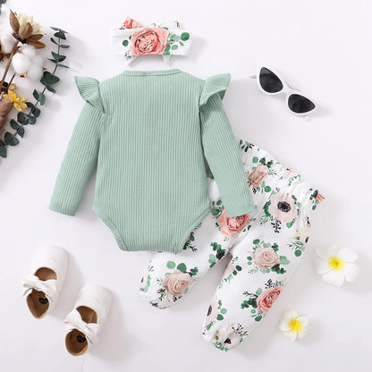 Baby Girls Clothes Newborn Infant Baby Girls Outfit Long Sleeve Ruffle Romper Floral Pants Headband Sets 0-18 Months