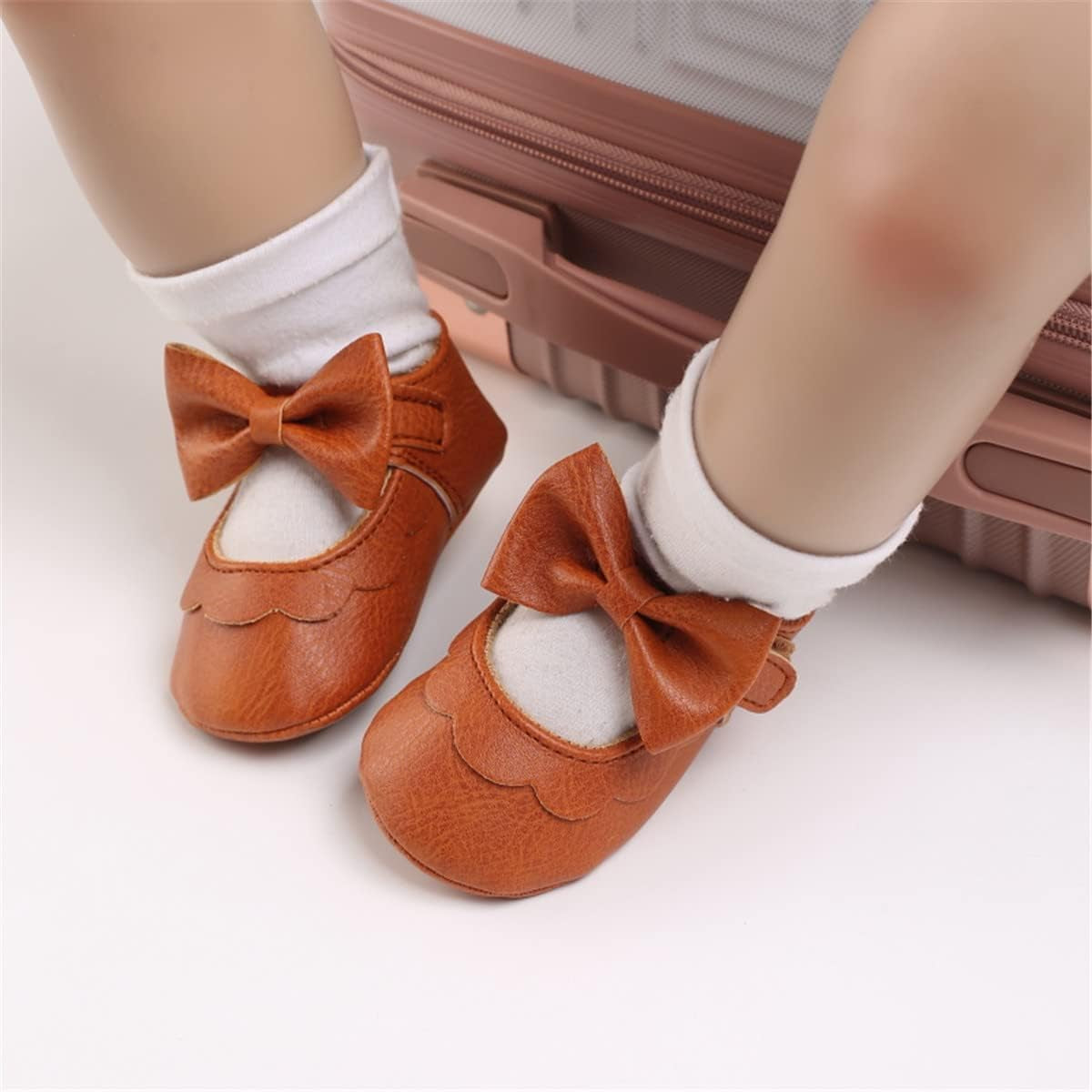 Baby Girls Mary Jane Flats with Bownot Non Slip Soft Sole PU Leather Newborn Infant Toddler First Walker Cirb Dress Shoes