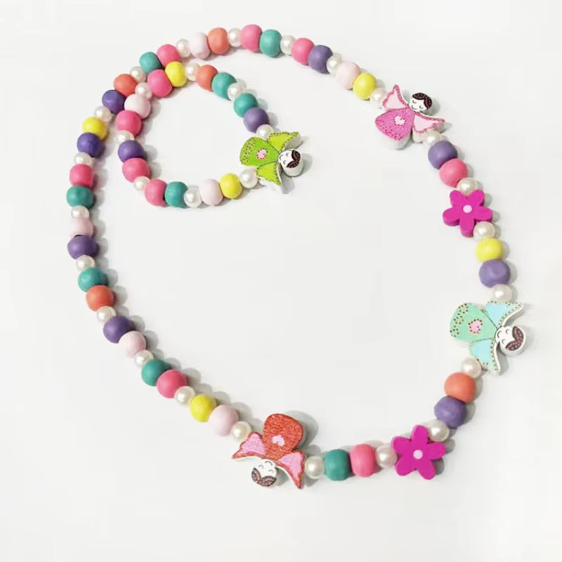 2Pcs/Set Fashion Natural Wood Beads Jewelry Cute Animal Pattern Necklace Bracelet for Party Jewelry Girl Birthday Gift