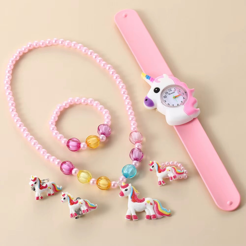 Children Rainbow Horse Patter Watch Jewelry Set Necklace Earrings Ring Bracelet Gifts for Children and Girls