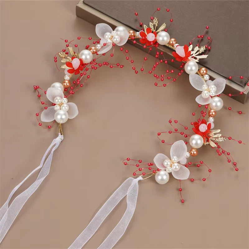 Spring Bohemian Girls Bridal Pearl Hair Headdress Flower Wreath Bride Garland Head Hoop Headbands Hair Jewelry Children Gifts