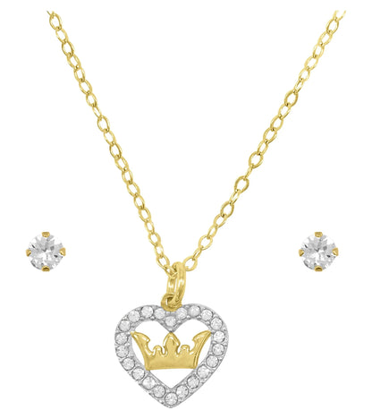 14K Gold Plated Sterling Silver Crystal Heart Necklace & Studs Children’S Set