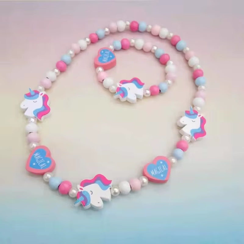 2Pcs/Set Fashion Natural Wood Beads Jewelry Cute Animal Pattern Necklace Bracelet for Party Jewelry Girl Birthday Gift