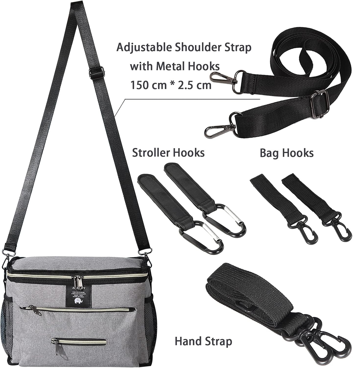 Universal Stroller Organizer with Insulated Cup Holders Inside, Large Capacity Stroller Caddy for Diapers,Wipes,Toys,Phone,Baby Bottles and More Baby Items,Rectangular Storage(Gray)