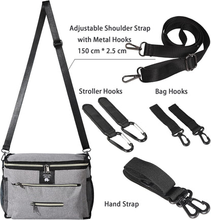 Universal Stroller Organizer with Insulated Cup Holders Inside, Large Capacity Stroller Caddy for Diapers,Wipes,Toys,Phone,Baby Bottles and More Baby Items,Rectangular Storage(Gray)