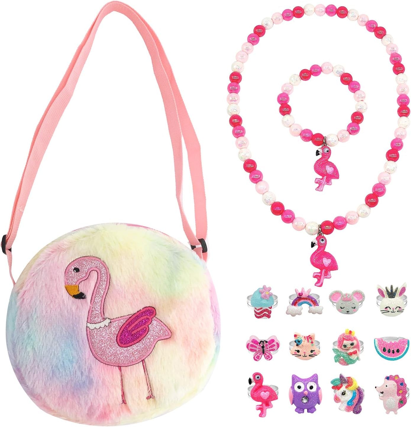 Little Girl Plush Purse Handbag Kids Necklace Pretend Play Toy Playset Jewelry Crossbody Purse for Children Toddler Baby Girls, Flamingo