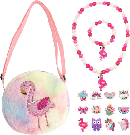 Little Girl Plush Purse Handbag Kids Necklace Pretend Play Toy Playset Jewelry Crossbody Purse for Children Toddler Baby Girls, Flamingo