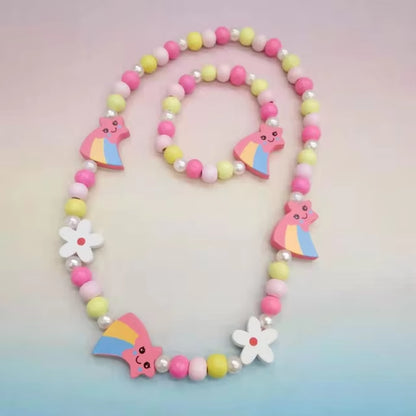 2Pcs/Set Fashion Natural Wood Beads Jewelry Cute Animal Pattern Necklace Bracelet for Party Jewelry Girl Birthday Gift