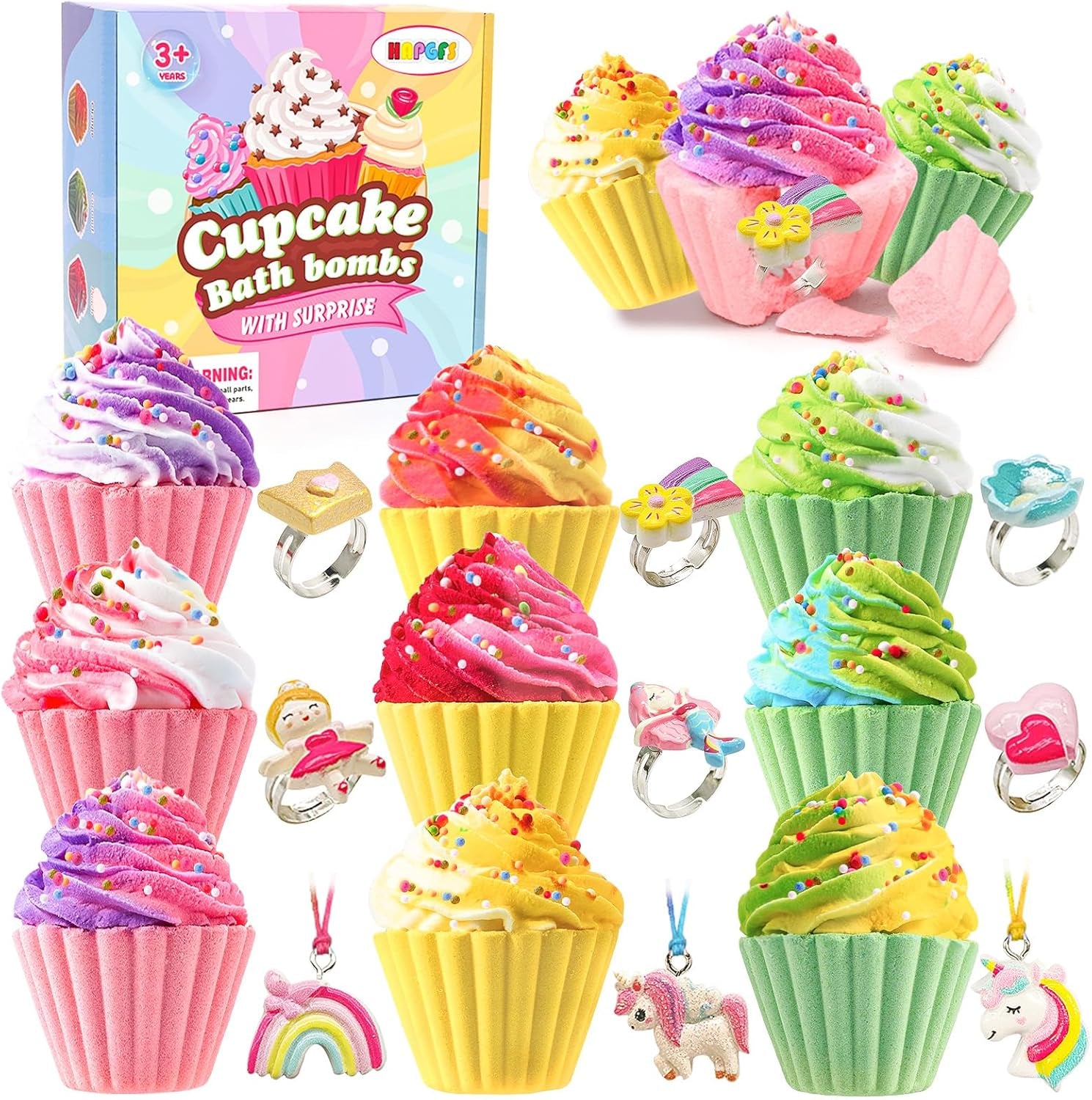 9 Pack Cupcake Bath Bombs for Kids with Surprise Inside, Handmade Bubble Large Bath Fizzes Bomb with Jewelry for Kids Girls, Chrildren Birthday Christmas and Party Favor Gifts Set