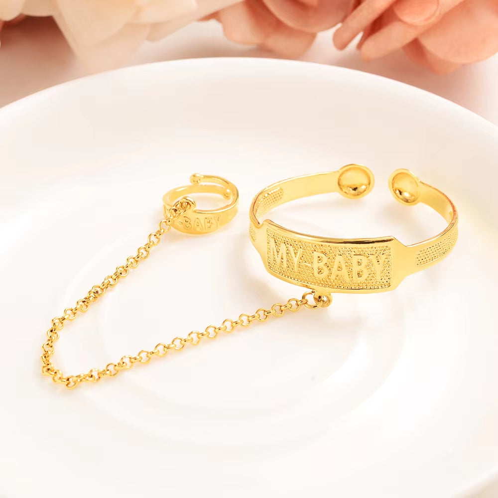 Dubai Gold Stamp Baby SMALL Girl Bangle Child Bracelet with Ring for Kids African Children Bairn Jewelry Baby Mideast Arab Gift