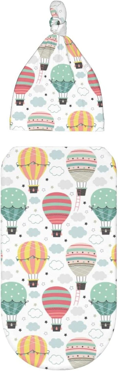 Hot Air Balloon Baby Stuff Newborn Baby Swaddle Blanket Wrap Blanket Soft Stretchy Sleep Sack with Beanie Hat Set Gifts for Infant Boy Girl