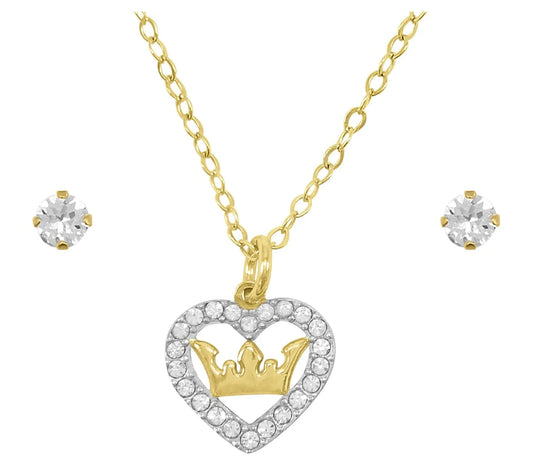 14K Gold Plated Sterling Silver Crystal Heart Necklace & Studs Children’S Set