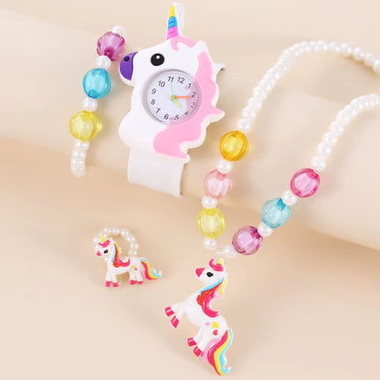 Children Rainbow Horse Patter Watch Jewelry Set Necklace Earrings Ring Bracelet Gifts for Children and Girls