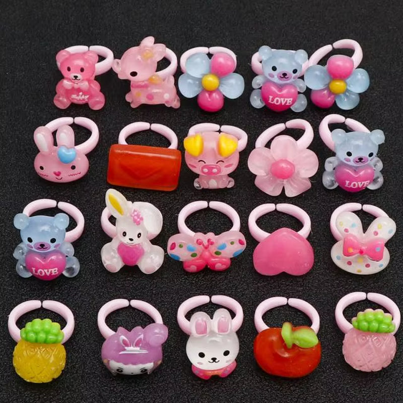 20Pc Love Cute Sweet Kids Rings Design Flower Animal Children Jewelry Fashion Multicolor Ring Girls Gifts Princess Suit Kinds