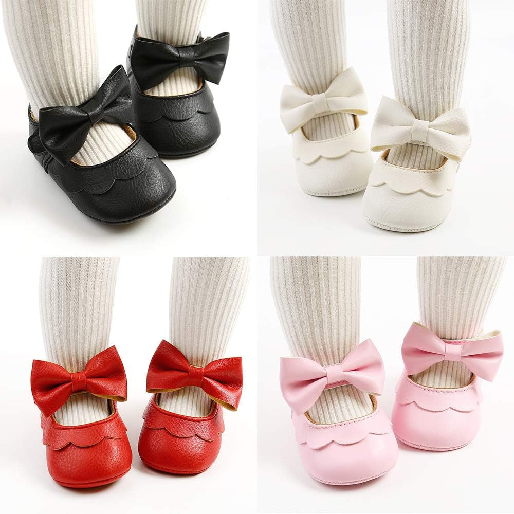 Baby Girls Mary Jane Flats with Bownot Non Slip Soft Sole PU Leather Newborn Infant Toddler First Walker Cirb Dress Shoes