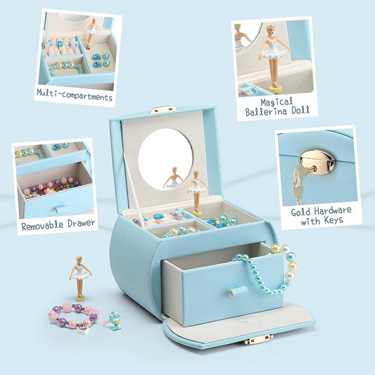 Kids Musical Jewelry Box for Girls with Drawer, Music Box with Ballerina and Stickers for Birthday Bedroom Decor, Gifts for Girls Kids Christmas Thanksgiving Gifts 2023 - Blue