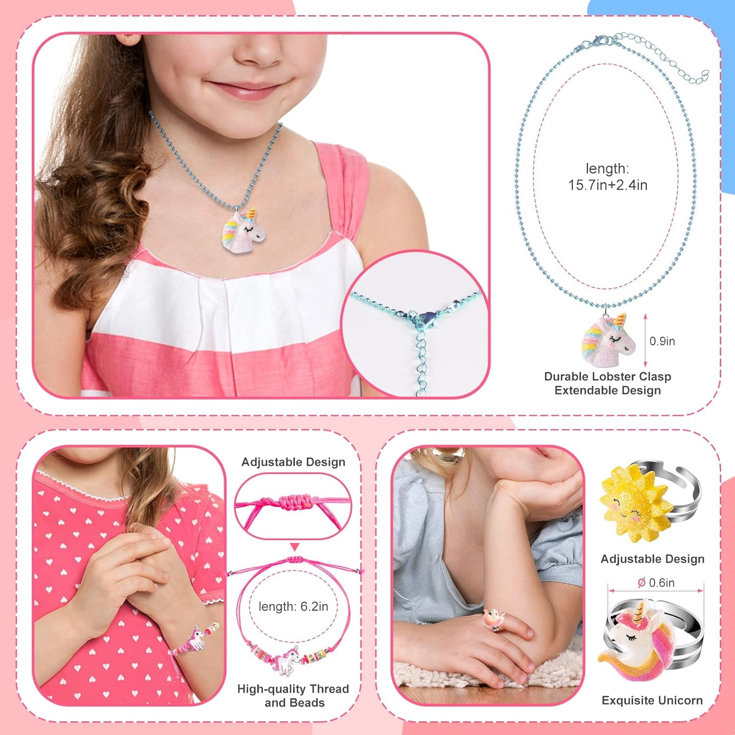 Kids Jewelry for Little Girls, Unicorn Play Necklaces Rings Bracelets Set for To