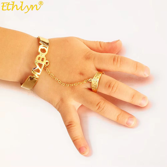 African Arab Gold Color My Boy Bangles Bracelet with Ring Children Jewelry Bangles Newborn Baby Cute Cuff Bracelets S203