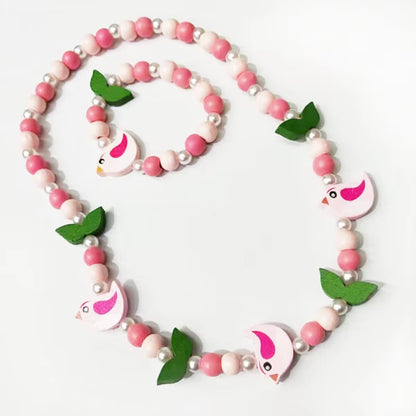 2Pcs/Set Fashion Natural Wood Beads Jewelry Cute Animal Pattern Necklace Bracelet for Party Jewelry Girl Birthday Gift