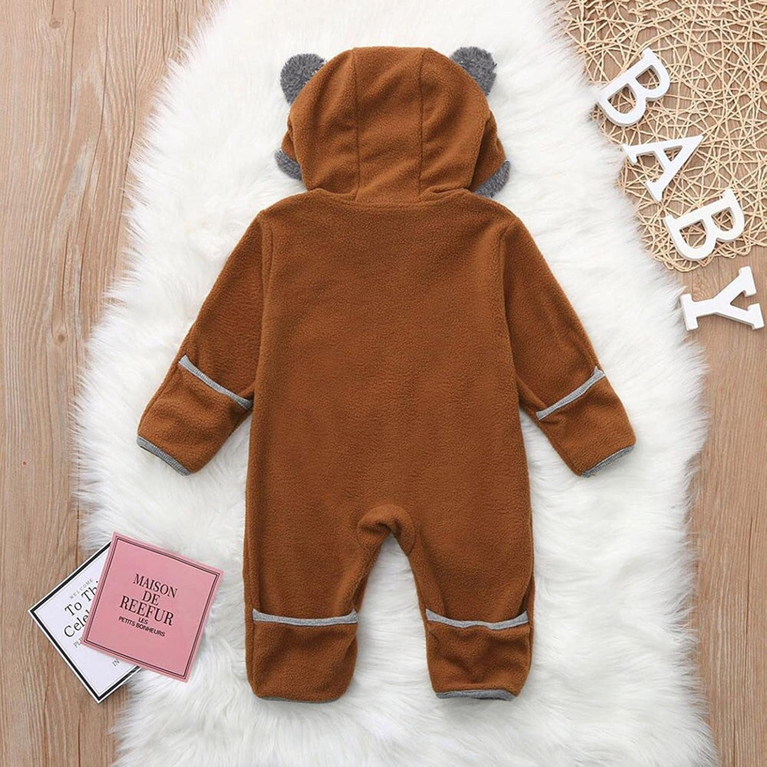 Newborn Baby Boy Girl Footed Hooded Romper Bear Ears Cute Cartoon Fleece Jumpsuit Coat Infant Zipper Bodysuit Winter