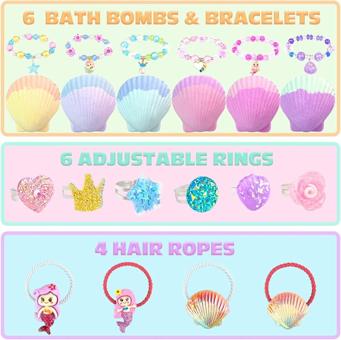 Mermaid Bath Bombs for Kids with Surprise Inside, 6 Pcs Shell Bubble Kids Bath Bombs Kit with Mermaid Toys, Birthday Christmas Jewelry Gifts for Girls Easter Basket Stuffer