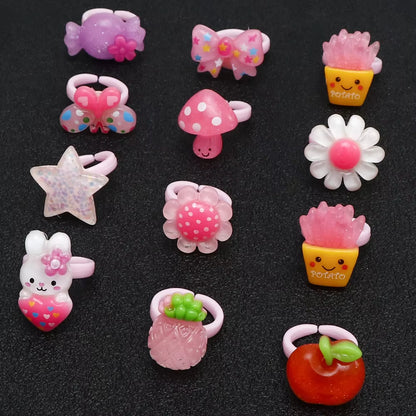 20Pc Love Cute Sweet Kids Rings Design Flower Animal Children Jewelry Fashion Multicolor Ring Girls Gifts Princess Suit Kinds