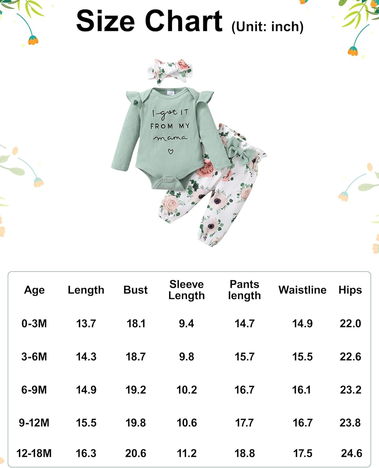 Baby Girls Clothes Newborn Infant Baby Girls Outfit Long Sleeve Ruffle Romper Floral Pants Headband Sets 0-18 Months