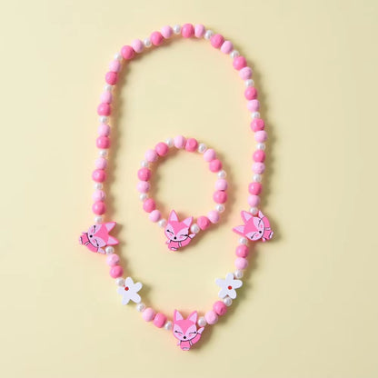 2Pcs/Set Fashion Natural Wood Beads Jewelry Cute Animal Pattern Necklace Bracelet for Party Jewelry Girl Birthday Gift