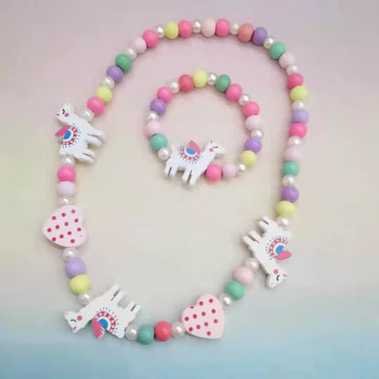 2Pcs/Set Fashion Natural Wood Beads Jewelry Cute Animal Pattern Necklace Bracelet for Party Jewelry Girl Birthday Gift