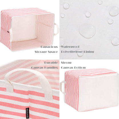 Collapsible Canvas Fabric Storage Basket with Handles, Rectangle Waterproof Storage Bin, Box, Cube, Foldable Shelf Basket, Closet Organizer, 16.5 X 11.8 X 9.8 Inches, Pink Stripe