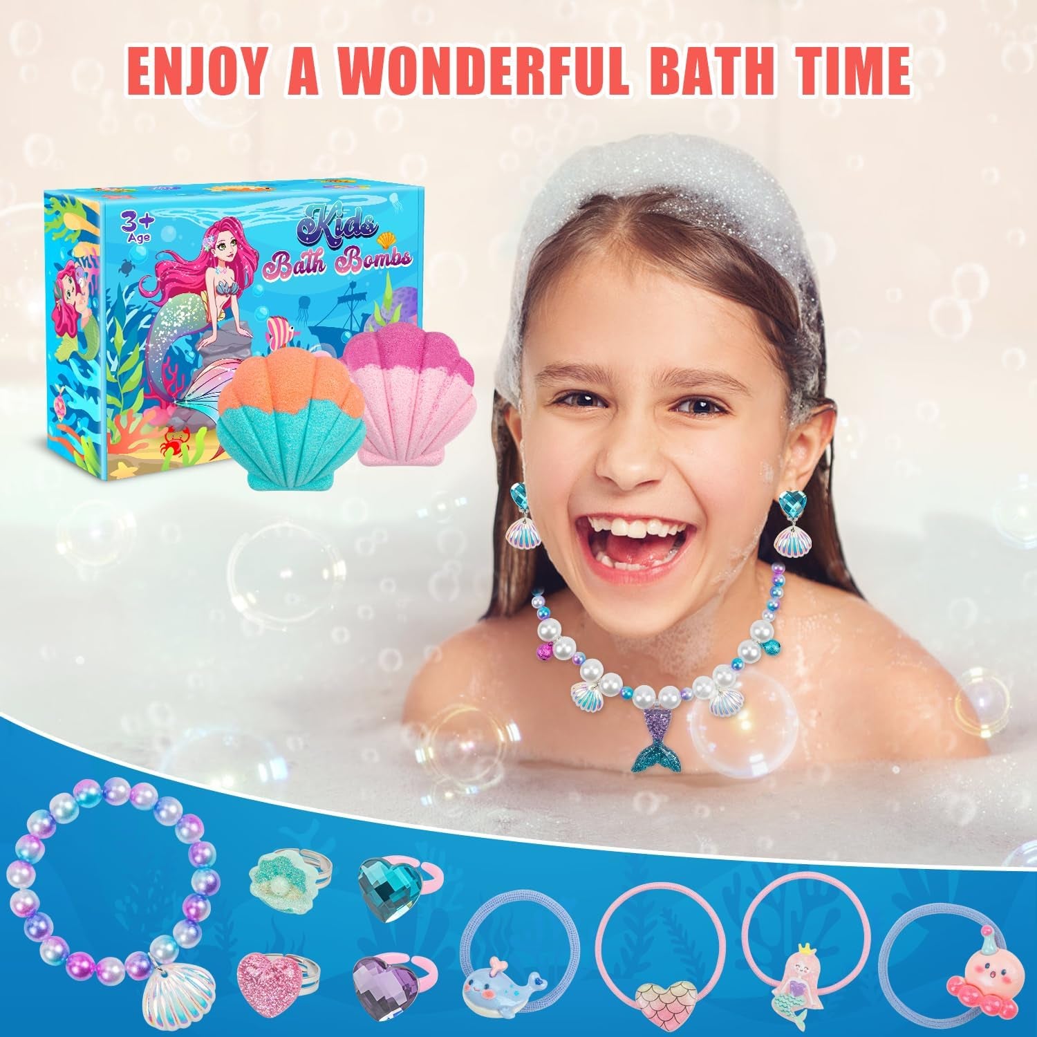 Bath Bombs for Kids Girls, 6 PCS Mermaid Bath Bombs with Surprise inside Natural Organic Kids Bath Bombs Shell Set with Pearl Jewelry Bathbombs Gifts for Girls Birthday Christmas Easter Party Favors