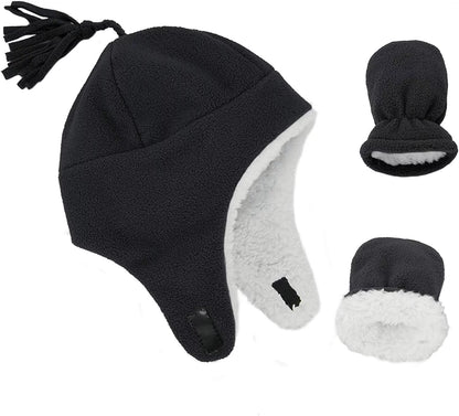 Toddler Winter Hats and Gloves Sets for Boys Warm Polar Fleece Earflap Beanie Hat Black S