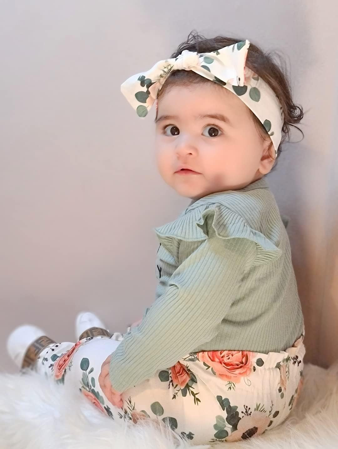 Baby Girls Clothes Newborn Infant Baby Girls Outfit Long Sleeve Ruffle Romper Floral Pants Headband Sets 0-18 Months