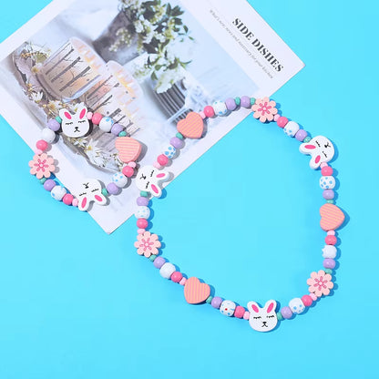 2Pcs/Set Fashion Natural Wood Beads Jewelry Cute Animal Pattern Necklace Bracelet for Party Jewelry Girl Birthday Gift