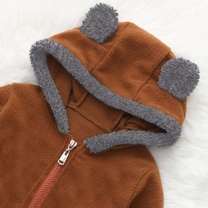 Newborn Baby Boy Girl Footed Hooded Romper Bear Ears Cute Cartoon Fleece Jumpsuit Coat Infant Zipper Bodysuit Winter