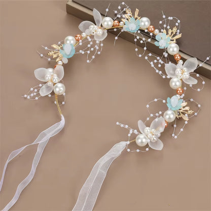 Spring Bohemian Girls Bridal Pearl Hair Headdress Flower Wreath Bride Garland Head Hoop Headbands Hair Jewelry Children Gifts