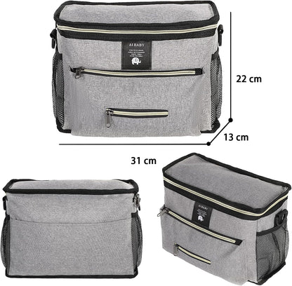 Universal Stroller Organizer with Insulated Cup Holders Inside, Large Capacity Stroller Caddy for Diapers,Wipes,Toys,Phone,Baby Bottles and More Baby Items,Rectangular Storage(Gray)