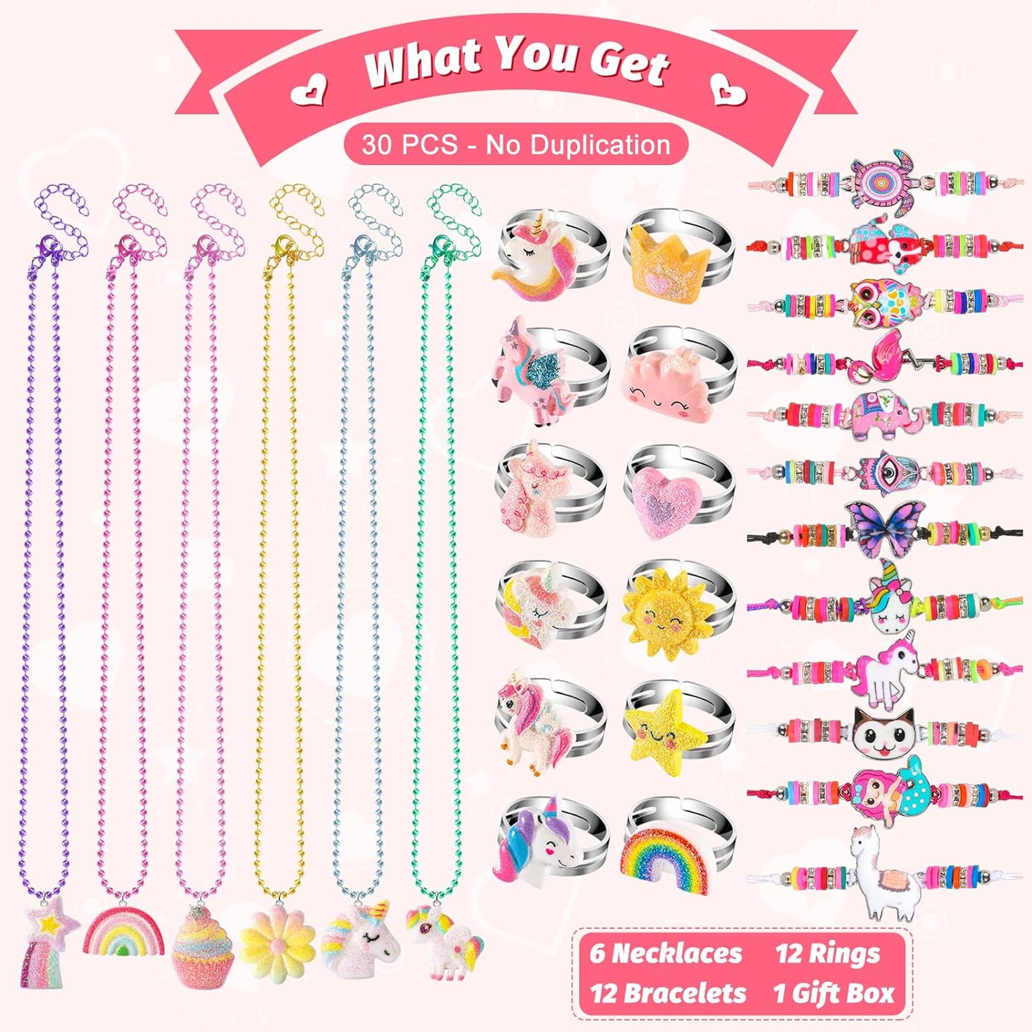 Kids Jewelry for Little Girls, Unicorn Play Necklaces Rings Bracelets Set for To