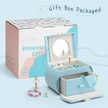 Kids Musical Jewelry Box for Girls with Drawer, Music Box with Ballerina and Stickers for Birthday Bedroom Decor, Gifts for Girls Kids Christmas Thanksgiving Gifts 2023 - Blue