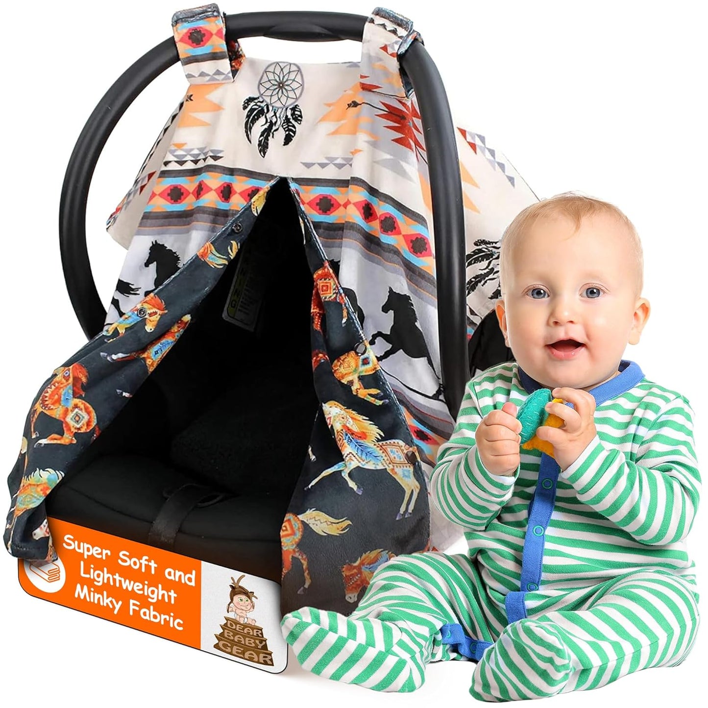 - Car Seat Canopy - Infant Car Seat Covers - Carseat Canopy for Boys and Girls - Car Seat Cover W/Snap Opening- 40"X30" (Southwestern Tribal Horses - Reversible)