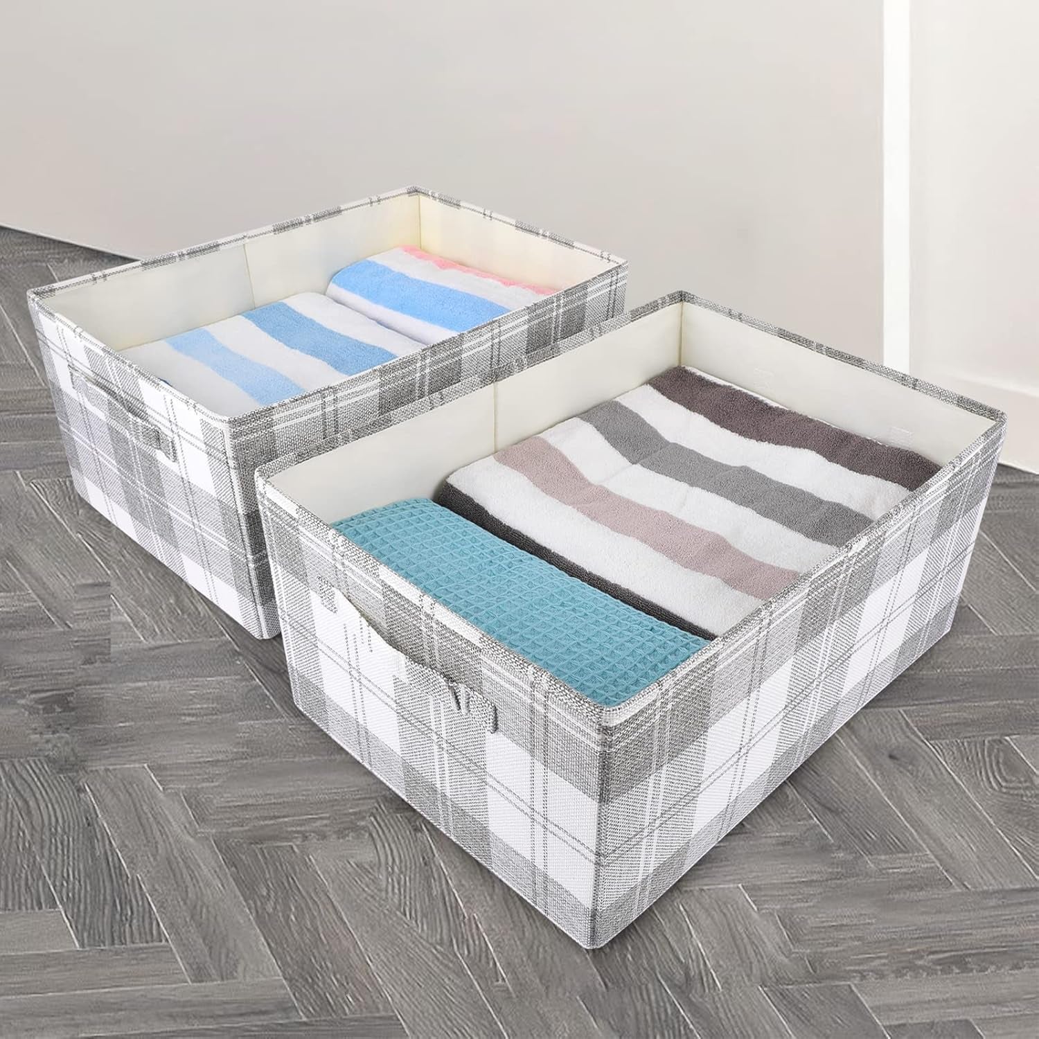 2PCS Storage Baskets Closet Storage Organizer Bins with Handles, Foldable Large Fabric Storage Bins for Shelves, Rectangular Baskets Laundry Clothes Blanket Cubes - Light Gray, Large