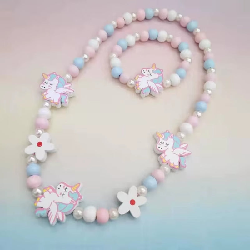 2Pcs/Set Fashion Natural Wood Beads Jewelry Cute Animal Pattern Necklace Bracelet for Party Jewelry Girl Birthday Gift